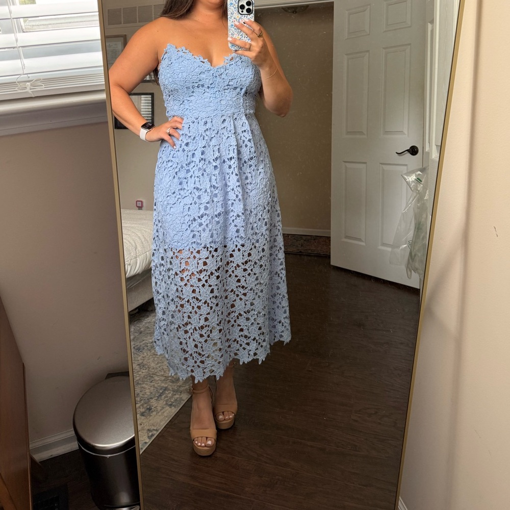 Astr Blue Tiered Sweetheart Midi Dress